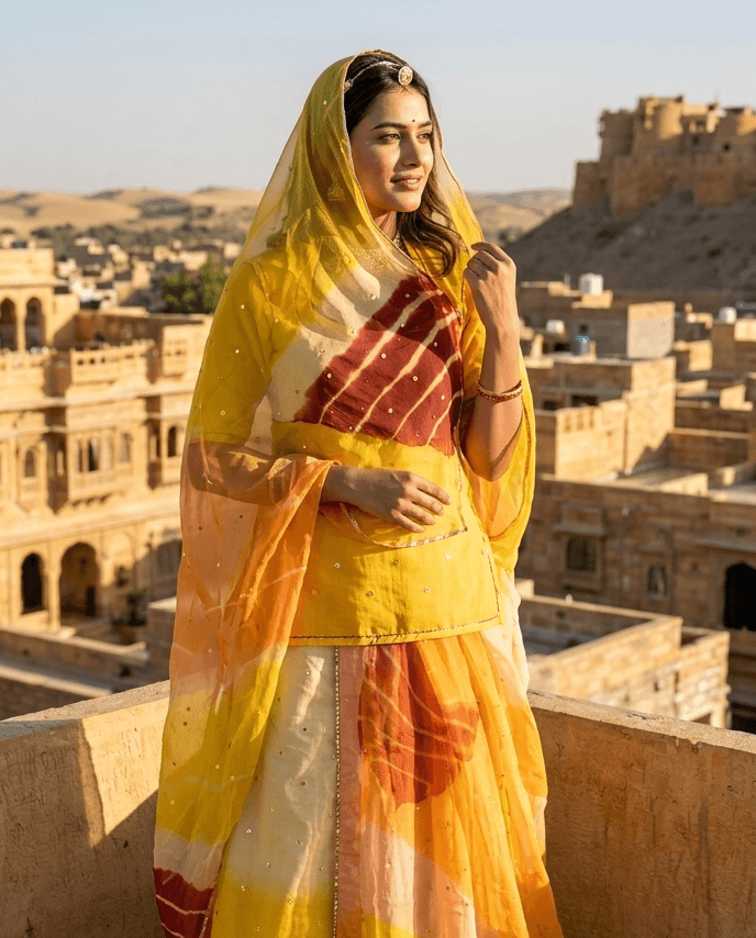 FABRIC/-PYOR CHANDERI WITH FOR COLOR DYEING AND THAKURJI PYOR ODHNI/-[TARI WORK]