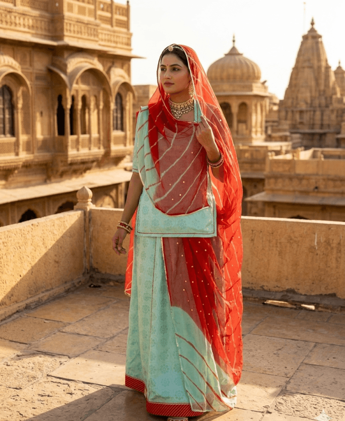 FABRIC/-PYOR CRAPE SILK WITH THAKURJI PYOR ODHNI [TARI WORK]