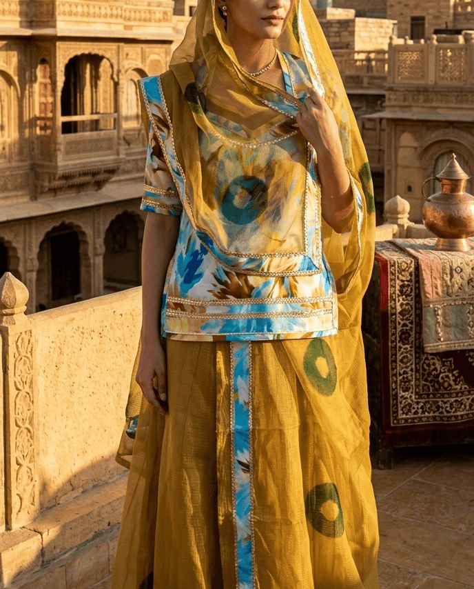 FABRIC/-PYOR KOTA DORIYA WITH LACE WORK AND DORIYA ODHNI [LACE WORK]