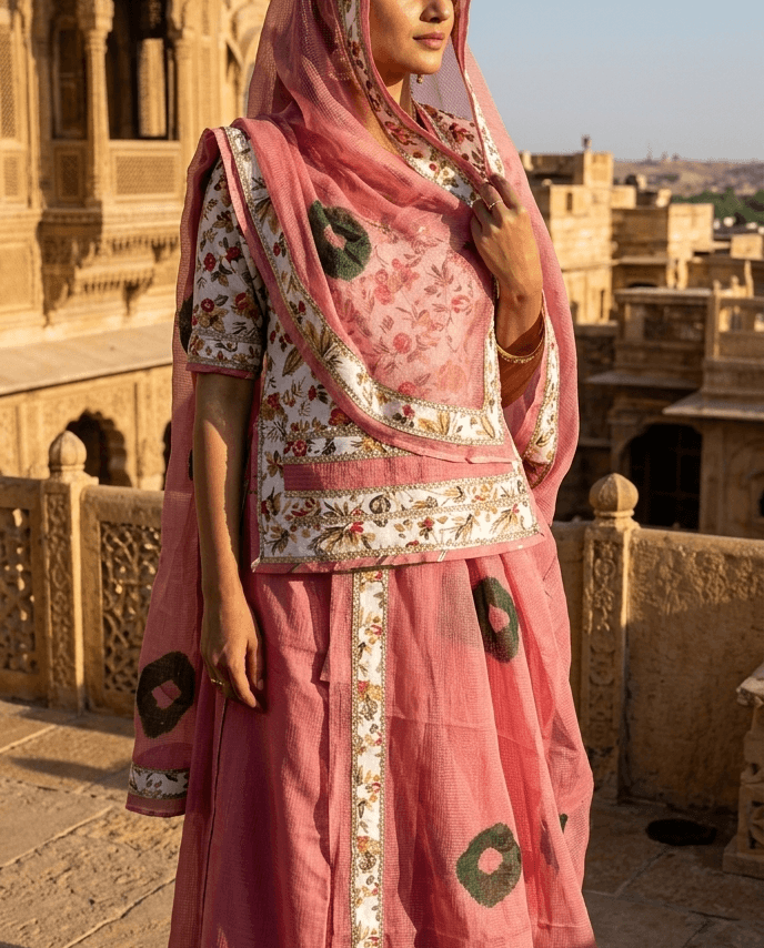 FABRIC/-PYOR KOTA DORIYA WITH LACE WORK AND DORIYA ODHNI [LACE WORK]