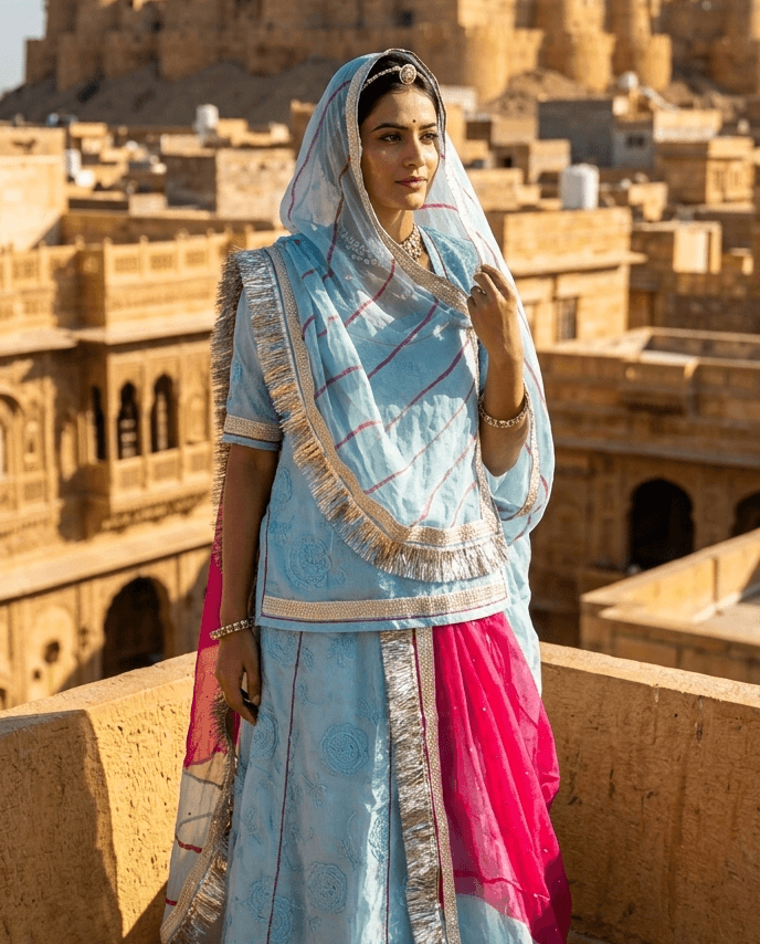 FABRIC/-PYOR CHANDERI WITH THAKURJI PYOR ODHNI/-[TARI WORK]