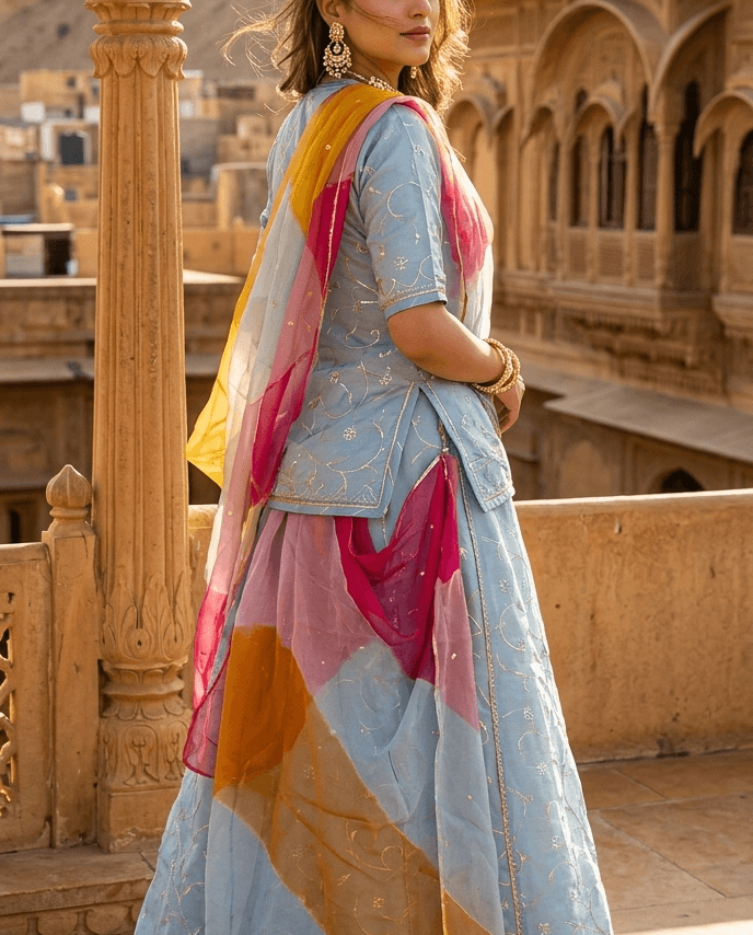 FABRIC/-PYOR UPADA SILK WITH THAKURJI PYOR ODHNI [TARI WORK