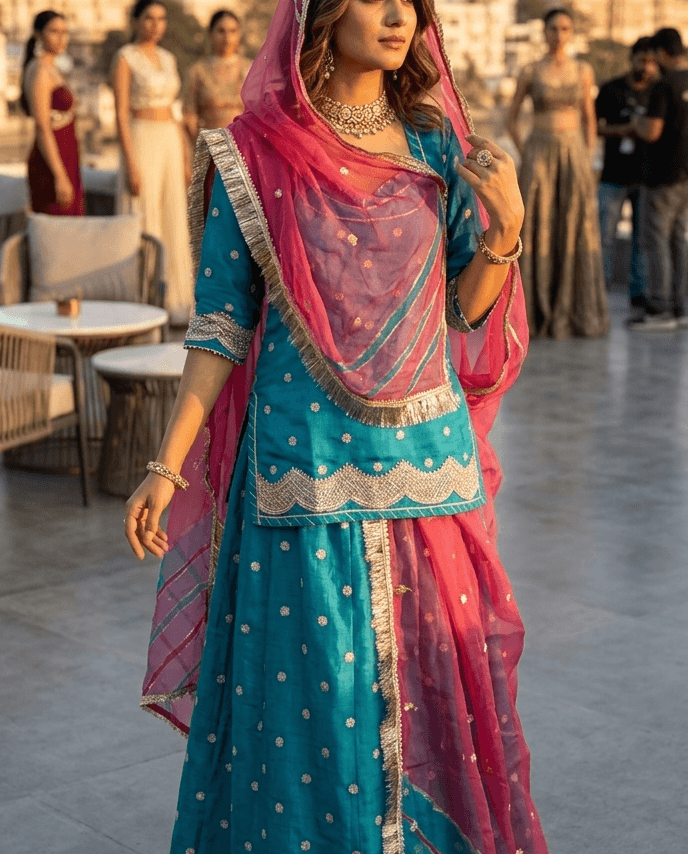 FABRIC/-PYOR ORGENZA WITH THAKURJI PYOR ODHNI/-HAND WORK