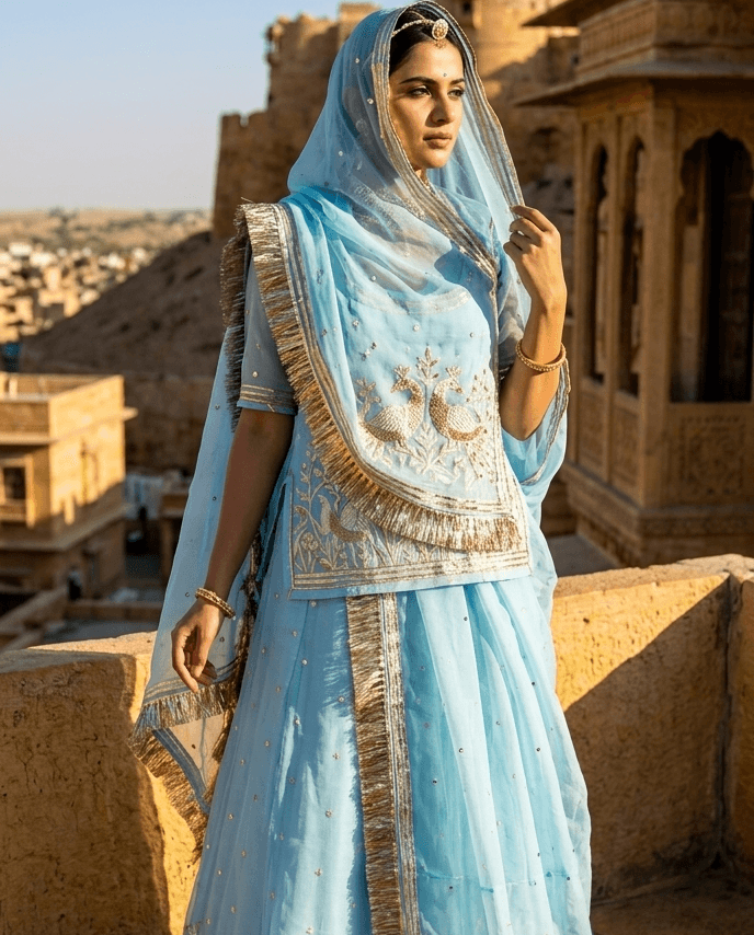 FABRIC/-PYOR ORGENZA WITH MACHINE EMBROIDERY WORK AND THAKURJI PYOR ODHNI