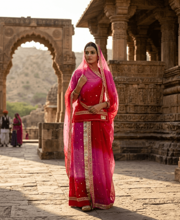 FABRIC/-PYOR NETURAL CRAPE WITH THAKURJI PYOR ODHNI WITH [SHADED THREE COLOR]