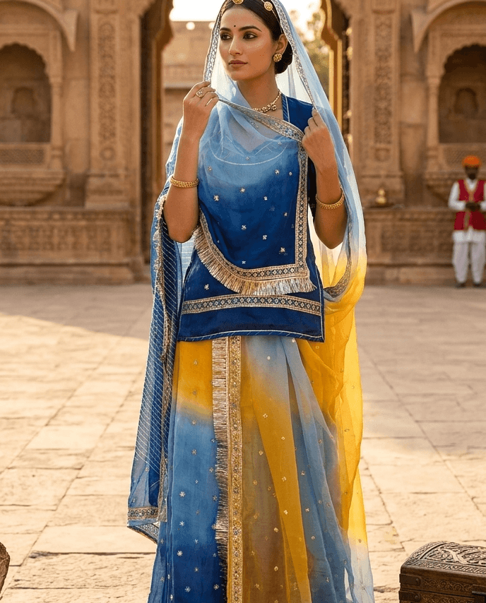 FABRIC/-PYOR NETURAL CRAPE WITH THAKURJI PYOR ODHNI WITH [SHADED THREE COLOR]