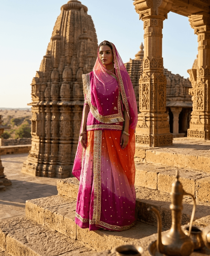 FABRIC/-PYOR NETURAL CRAPE WITH THAKURJI PYOR ODHNI WITH [SHADED THREE COLOR]