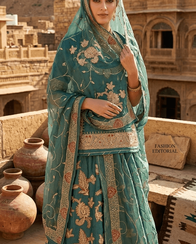 FABRIC/-PYOR UADA SILK ARTIFICIAL CHANDERI WORL COPPER ZARI/-THAKURJI PYOR ODHNI WITH JAAL WORK