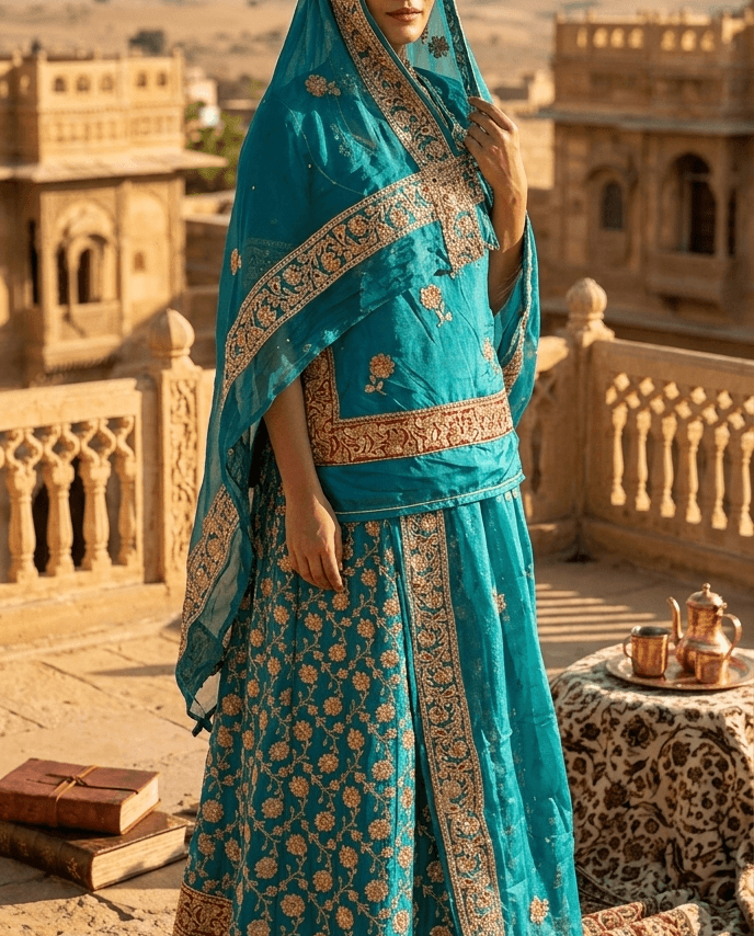 FABRIC/-PYOR NETURAL CRAPE  WITH ARTIFICIAL CHANDERI WORKTHAKURJI PYOR ODHNI [CHOTI BUTI WORK]