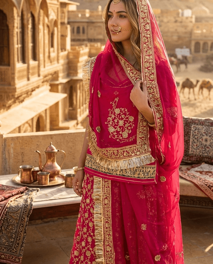 FABRIC/-PYOR NETURAL CRAPE  WITH ARTIFICIAL CHANDERI WORKTHAKURJI PYOR ODHNI [CHOTI BUTI WORK]
