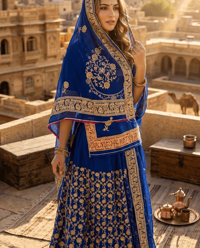 FABRIC/-PYOR NETURAL CRAPE  WITH ARTIFICIAL CHANDERI WORKTHAKURJI PYOR ODHNI [CHOTI BUTI WORK]