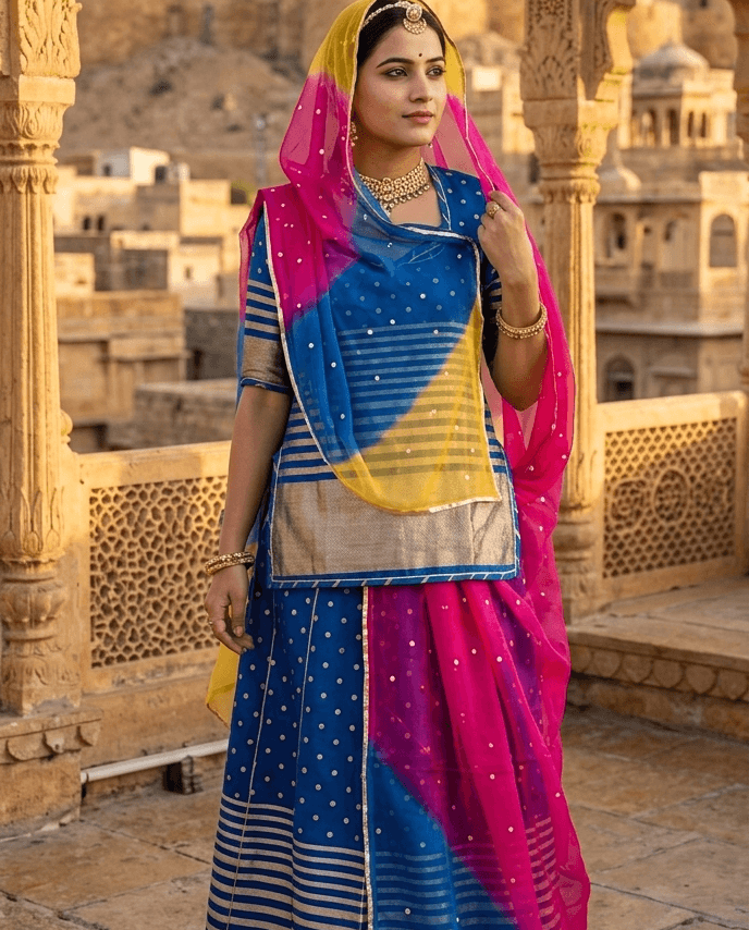 FABRIC/-PYOR UPADA SILK WITH THAKURJI PYOR ODHNI [CHOTI BUTI WORK]