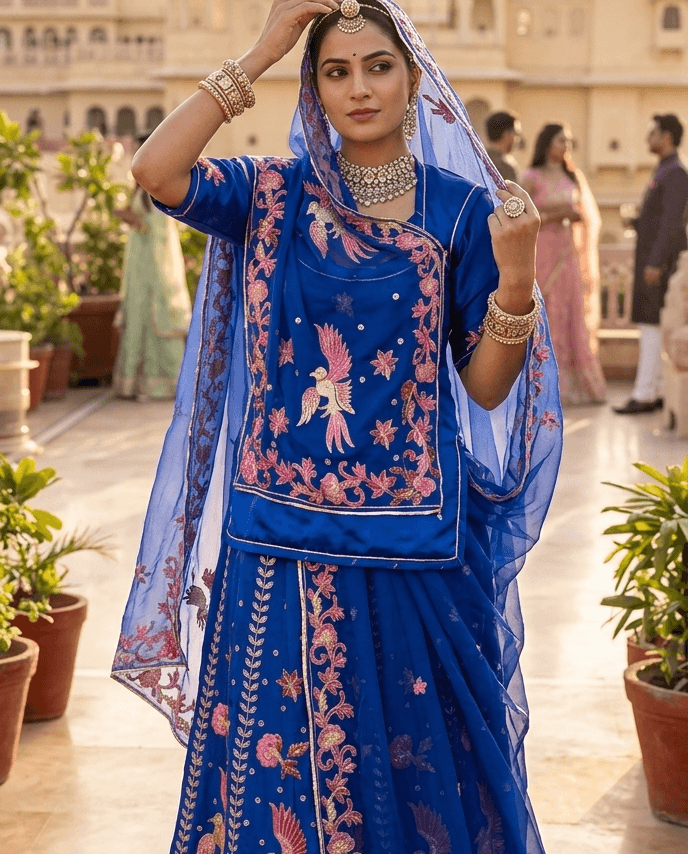 FABRIC/-PYOR NETURAL CRAPE WITH THAKURJI PYOR ODHNI ARTIFICIAL CHANDERI WORK