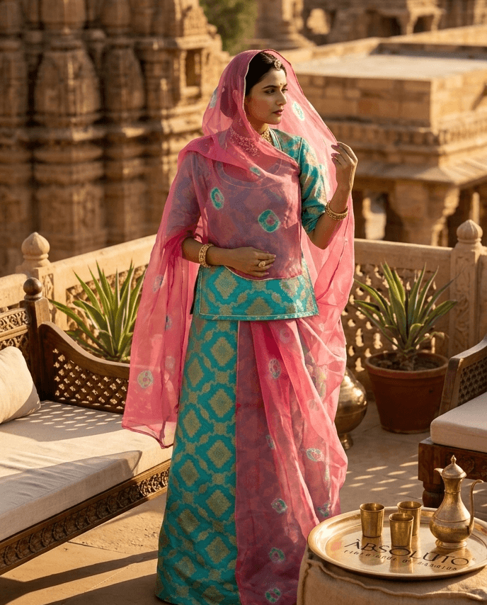 FABRIC/-PYOR CHANDERI TISSUE WITH THAKURJI PYOR BANDEJ [ODHNI]