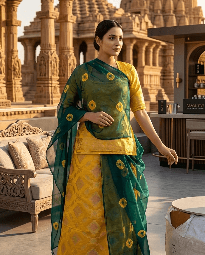 FABRIC/-PYOR CHANDERI TISSUE WITH THAKURJI PYOR BANDEJ [ODHNI]