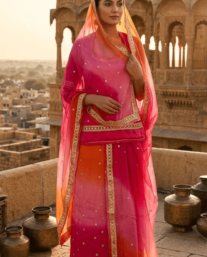 FABRIC/-PYOR NETURAL CRAPE WITH THAKURJI PYOR ODHNI WITH [SHADED THREE COLOR]