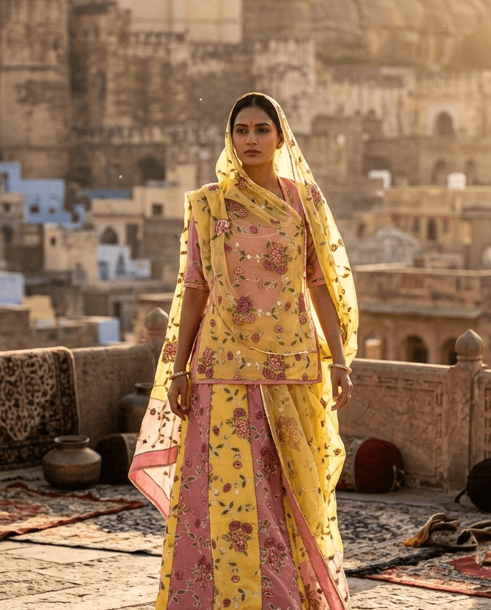 FABRIC/-PYOR CHINON SILK WITH THAKURJI PYOR ODHNI WITH EMBROIDERY [RESHAM DHAGE KA WORK]